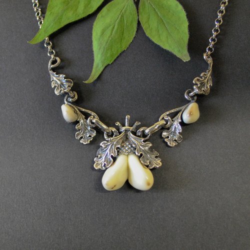 Jagdschmuck Silberkette mit Grandeln und Eichenblättern aus Silber