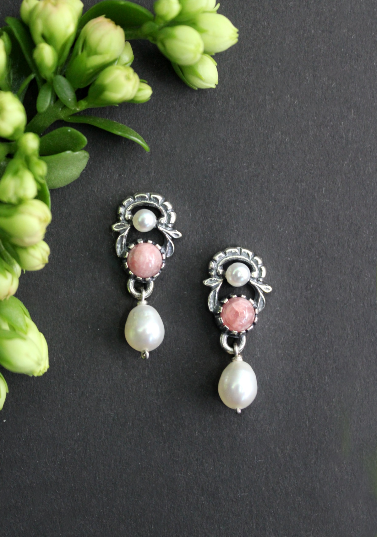 Trachtenschmuck Ohrringe rosa, silberne Ohrringe mit Perlen und Rhodochrosit