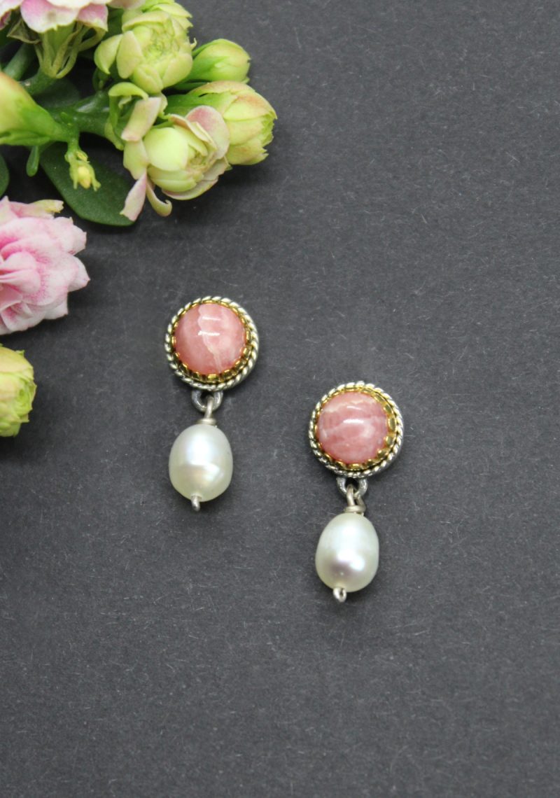 Dirndlschmuck Rosa: Ohrstecker Sissi mit Rhodochrosit und Perlentropfen