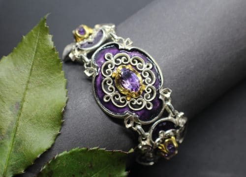 Elegantes Silberarmband im antiken Charme, violettes Emaille, Amethyst