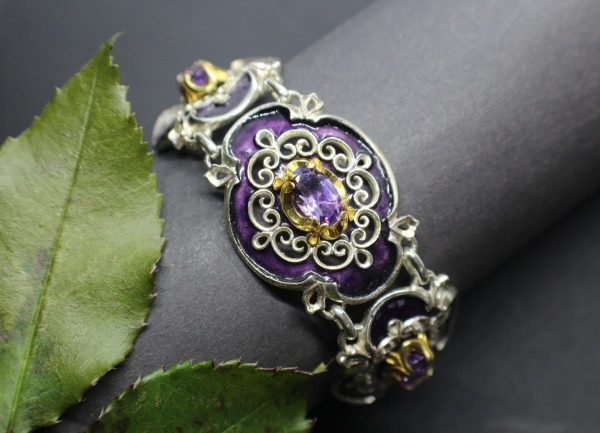 Elegantes Silberarmband im antiken Charme, violettes Emaille, Amethyst